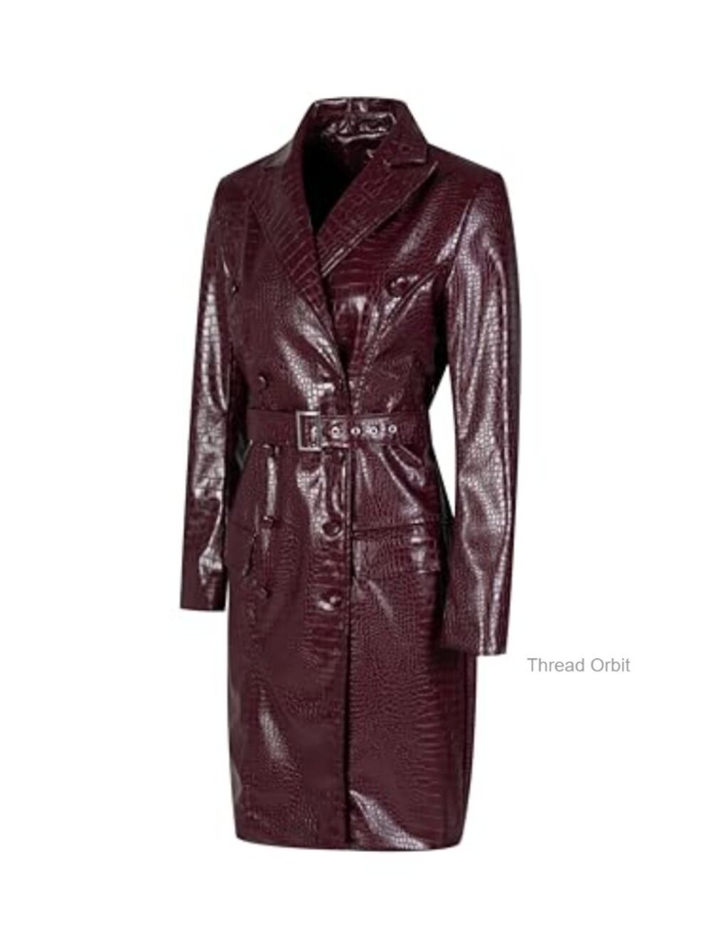 Classic Long Faux Leather Belted Trench Coat Jacket - Picture 3 of 7